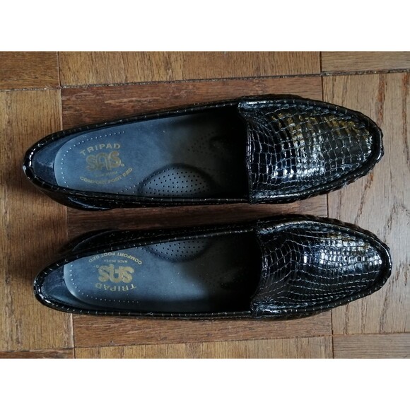 Black Leather Croc Skin Slip On Everyday Loafers 8 N SAS Tripad comfort shoes - Picture 1 of 4